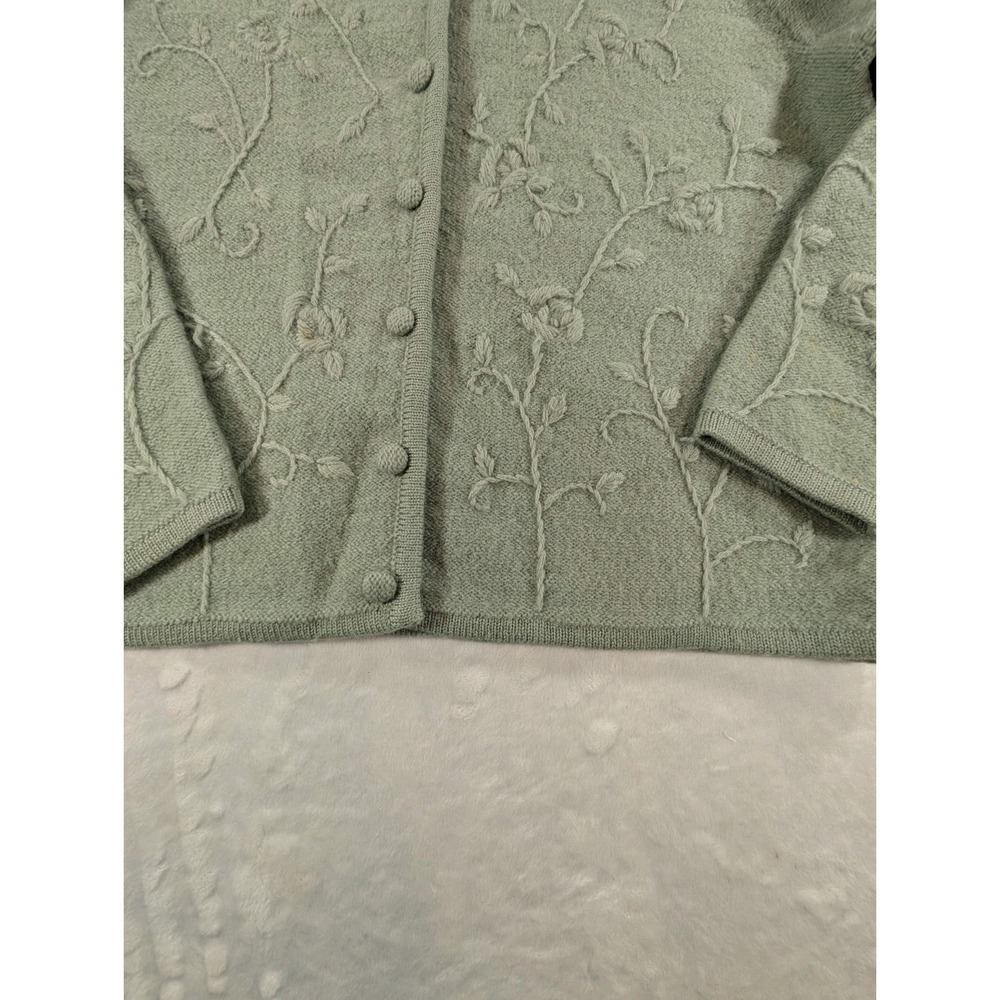 VTG Karen Scott Pure Wool Cardigan Sweater Medium Green Raised Floral Grandma - Picture 8 of 11